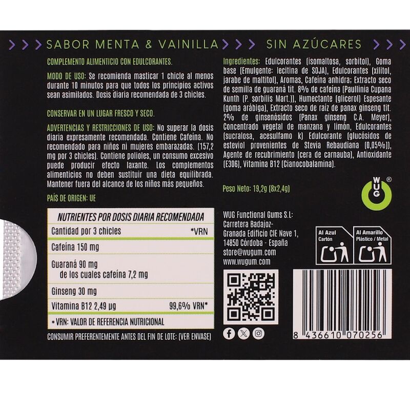 Chewing-Gum Énergétique Caféine Guarana Ginseng B12 - Wug