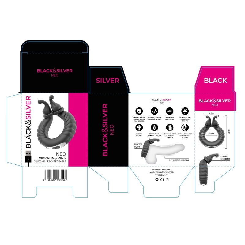 Anneau Vibrant Rechargeable Neo Couples Silicone Noir - Black & Silver