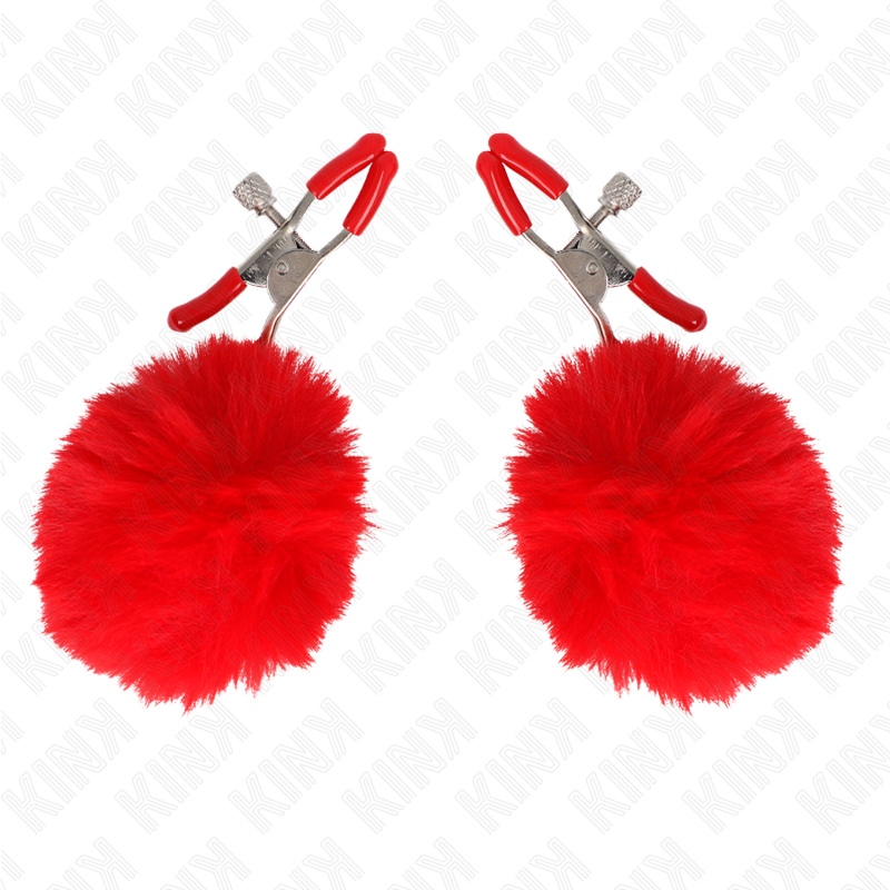 KINK – Pince à tétons avec pompons en fourrure rouge