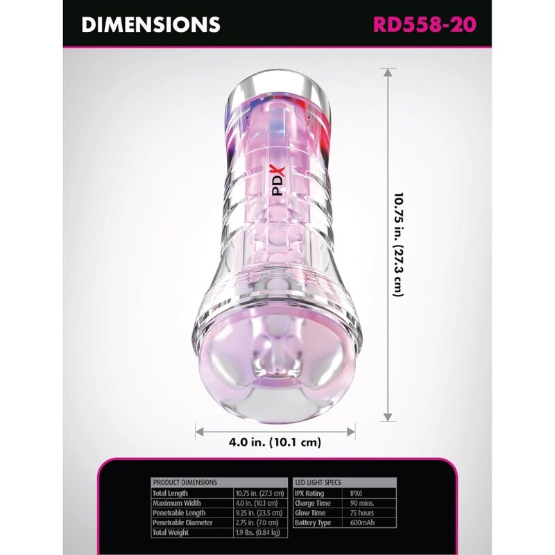 Masturbateur Transparent XXL LED Viewtube 27,3 cm - PDX Elite